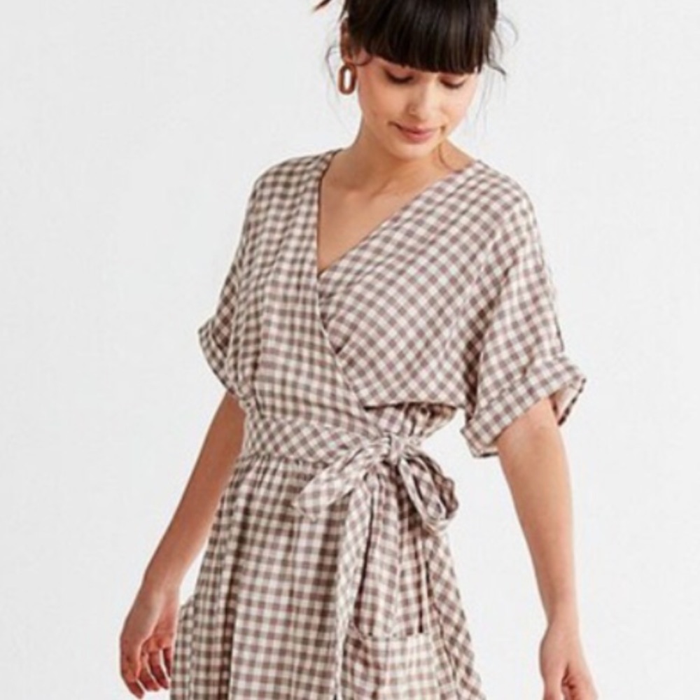 UO Gingham Wrap Dress Size Sm